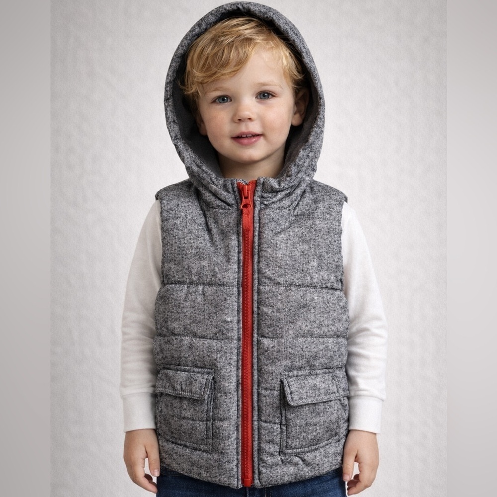 Little Me Gray Hooded Puffer Vest w/ Red Zipper | 18M (1128)